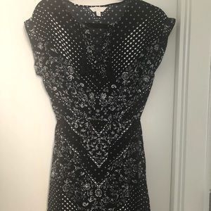 Folk pattern black and white dress with tassels